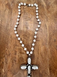 Tibetan Silver Mother of Pearl Long Cross Necklace