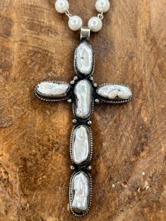 Tibetan Silver Mother of Pearl Long Cross Necklace