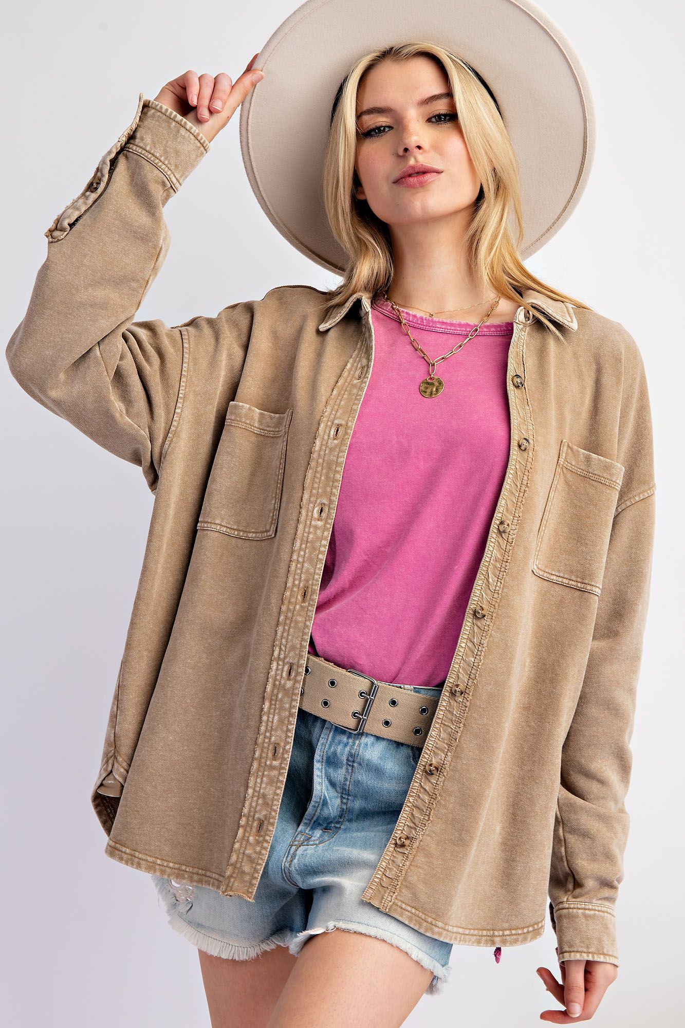 Easel- Wild and Free Button Down Top (Faded Olive)