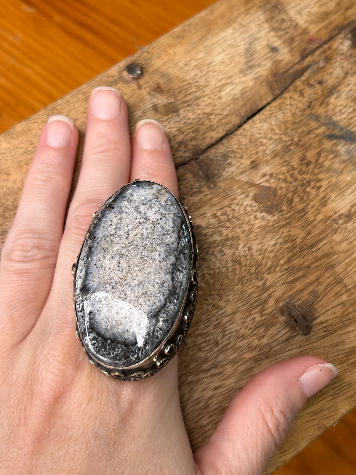 German Silver Oval Dendritic Ring