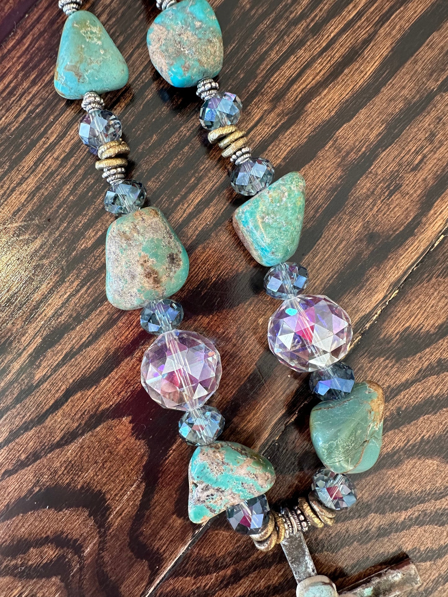 Rare Bird- Metal Cross with Turquoise Beaded Necklace