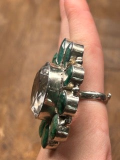 German Silver Emerald and Quartz Cluster Ring