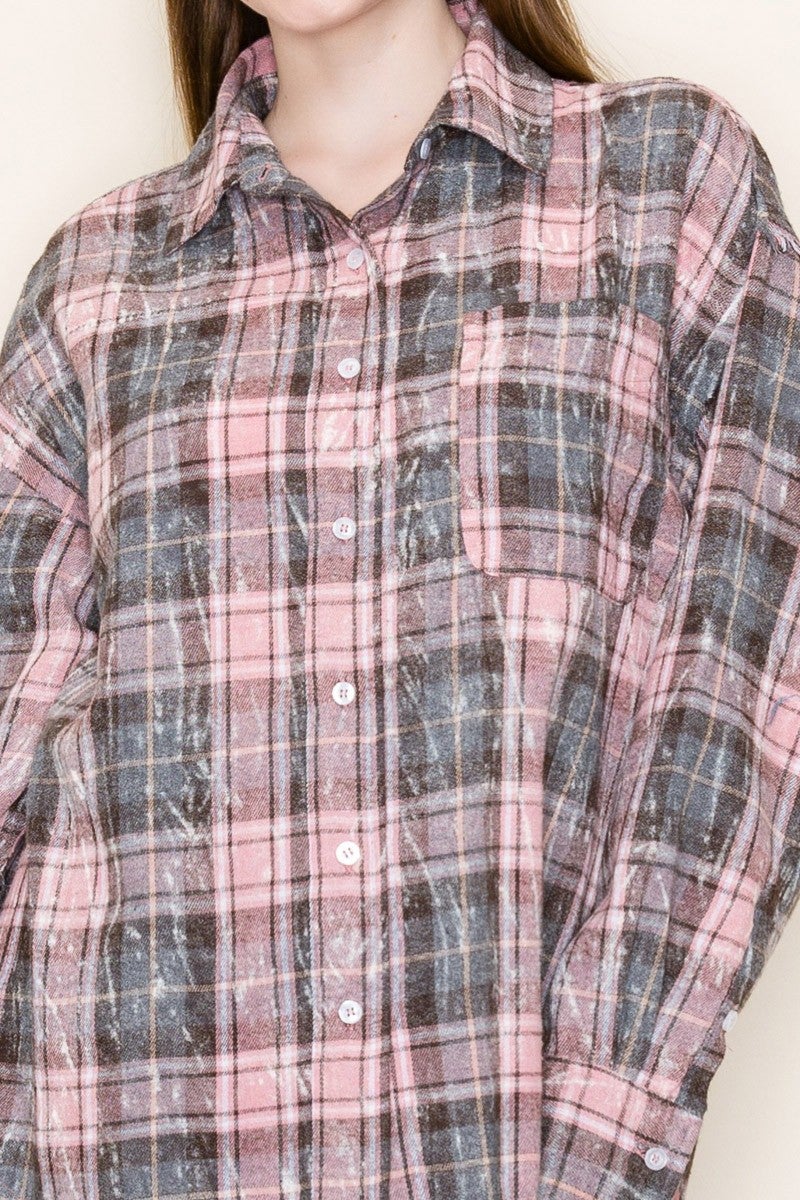 White Birch- Long Sleeve Paid Knit Shacket (Pink) *Final Sale*