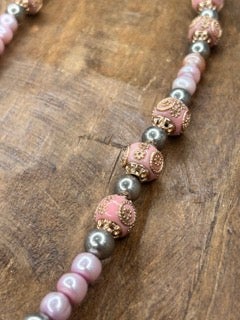 Rare Bird- Circular Pink Quartz and Pearls Necklace