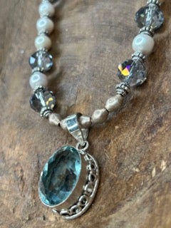 SALE! Rare Bird- Oval Blue Quartz Crystal Bead and Pearl Necklace