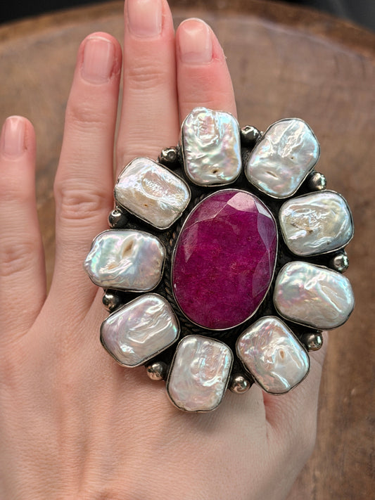 Large German Silver Pearl and Pink Ruby Cluster Ring