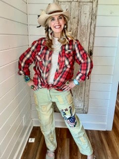 Easel- Acid Wash Button Down Plaid (Red)