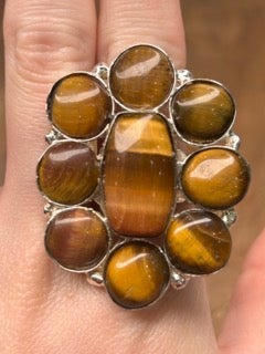 German Silver Small Rectangle Tigers Eye Cluster Ring