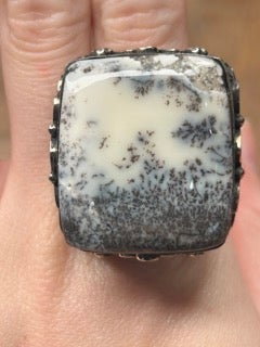 German Silver Square Dendritic Agate Ring