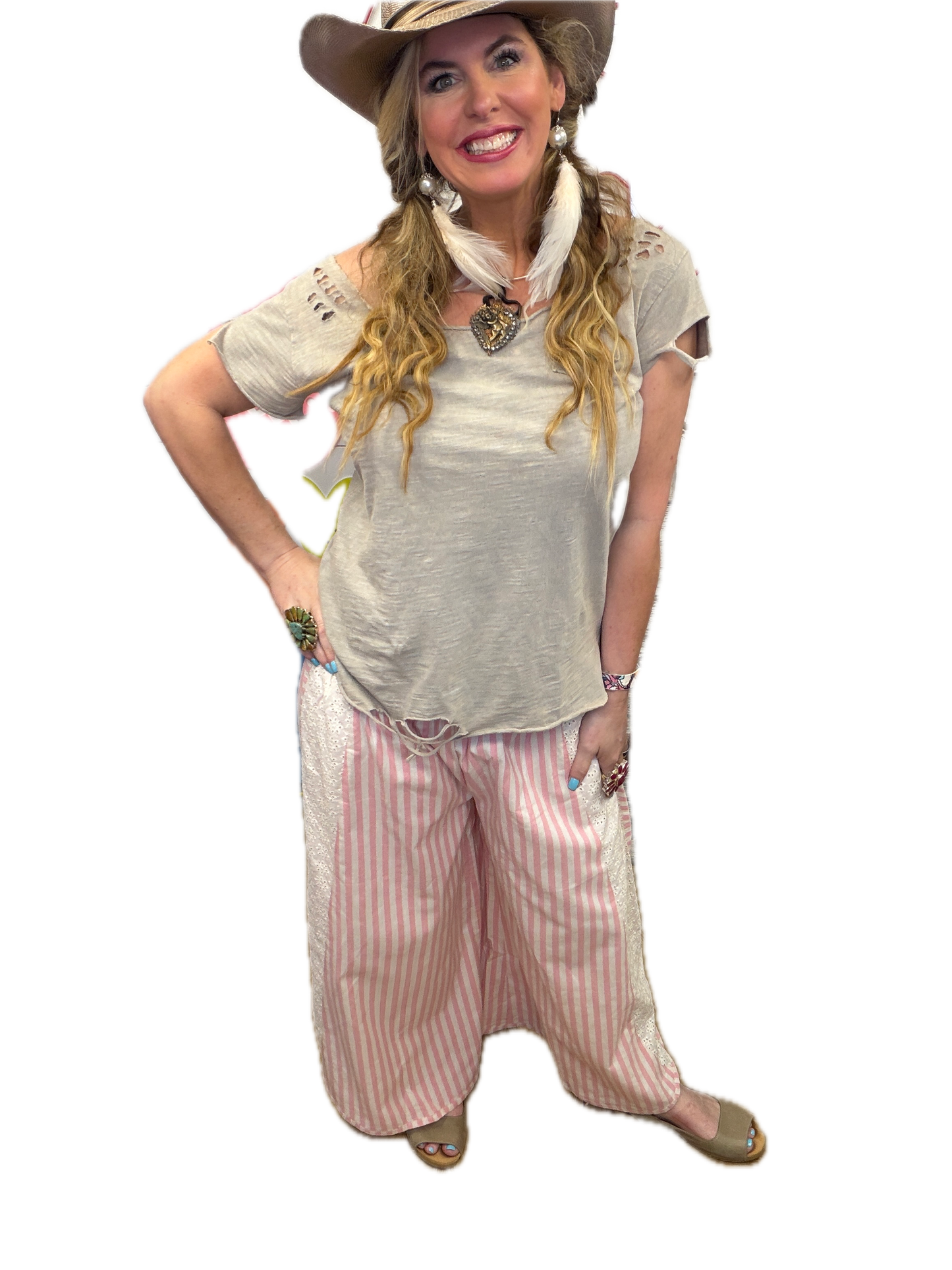 BiBi- Striped Floral Eyelet Pants