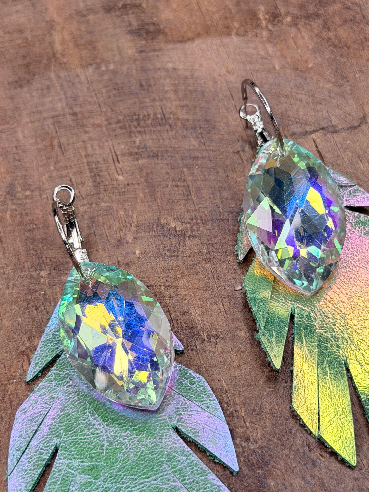 Rhinestone and Leather Feather Earrings (Green)