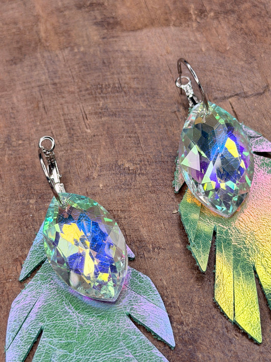 Rhinestone and Leather Feather Earrings (Green)