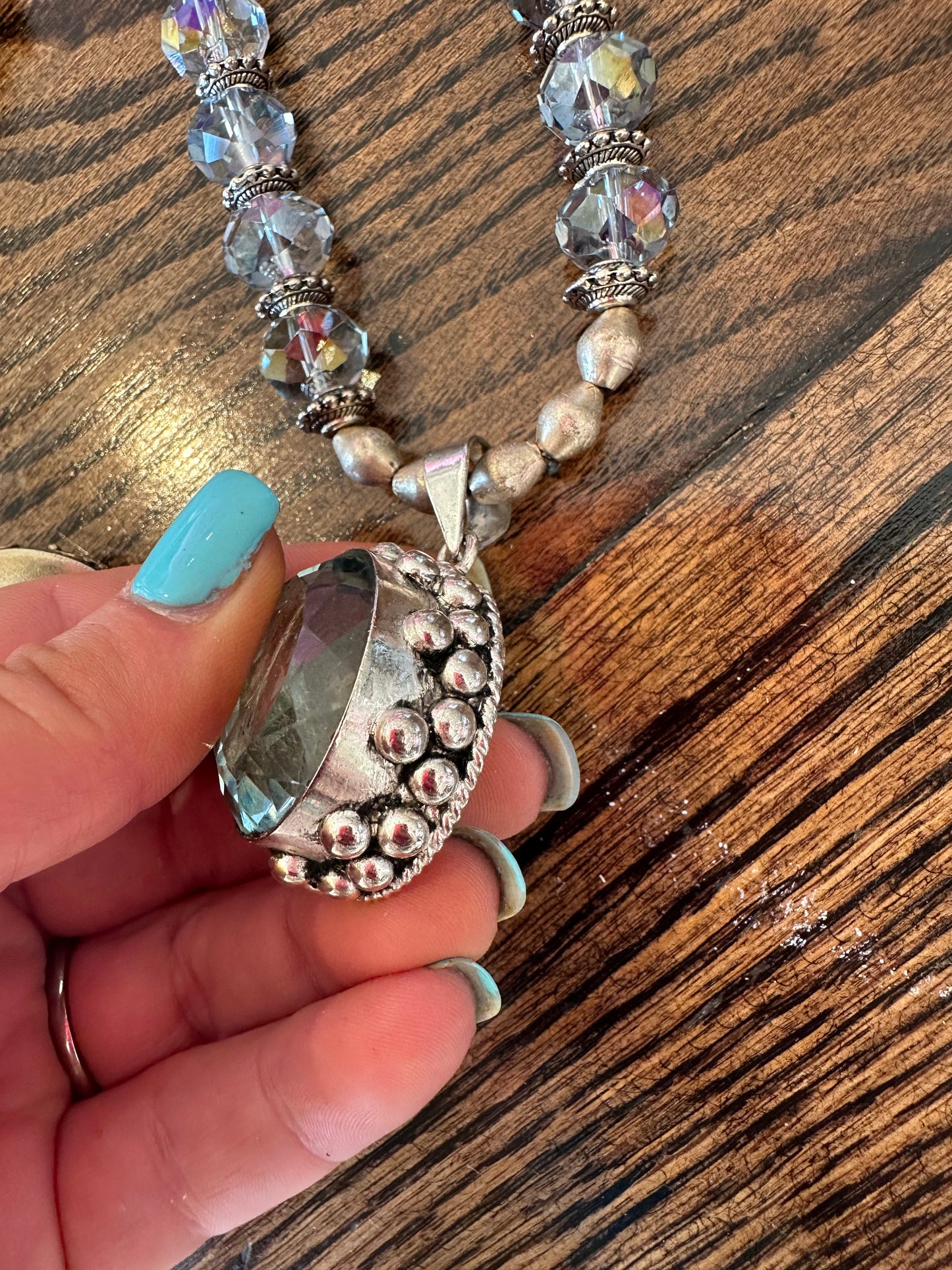 Rare Bird- Oval Blue Quartz, Crystal and Pearl Necklace (BLUE)