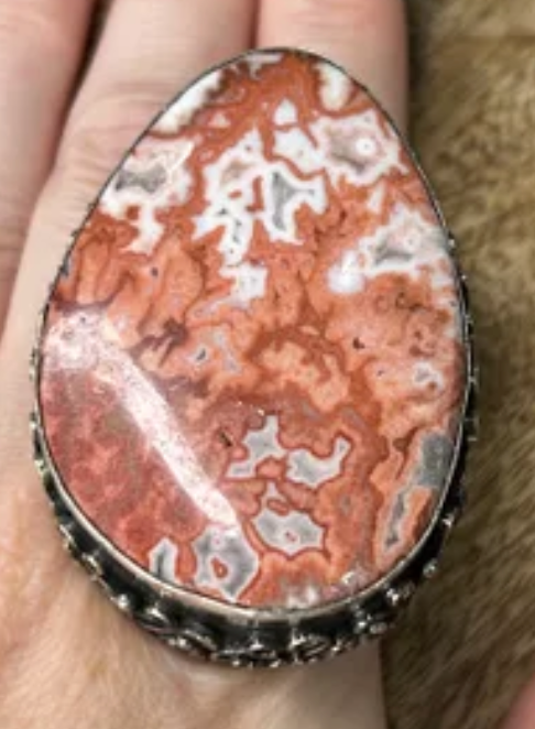 German Silver Coral Lace Agate Ring