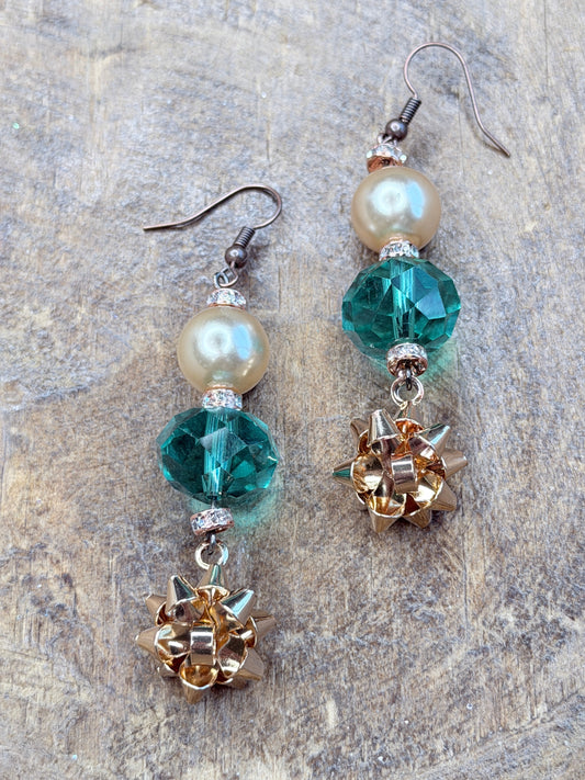 Blue and Gold Christmas Bow Earrings - ERR ORIGINAL