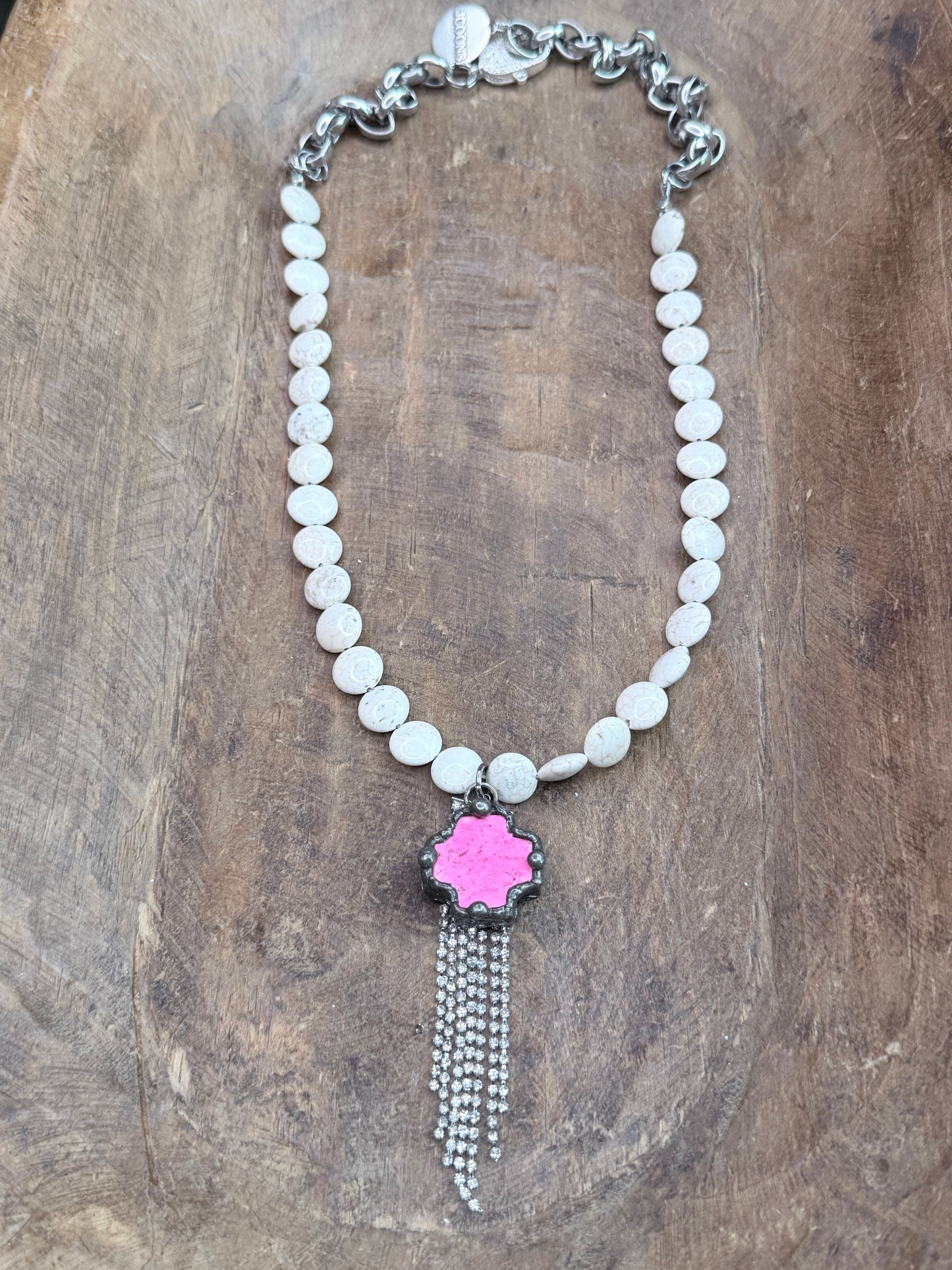Soldered Pink Howlite and Rhinestone Fringe Necklace