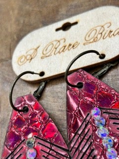 Rare Bird- Red Leather Feather Rhinestone Earrings