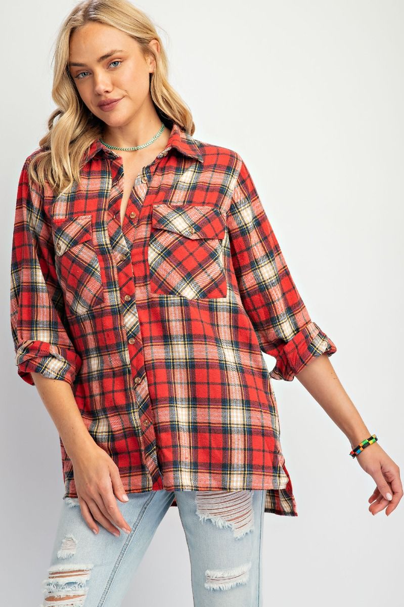 Easel- Acid Wash Button Down Plaid (Red)