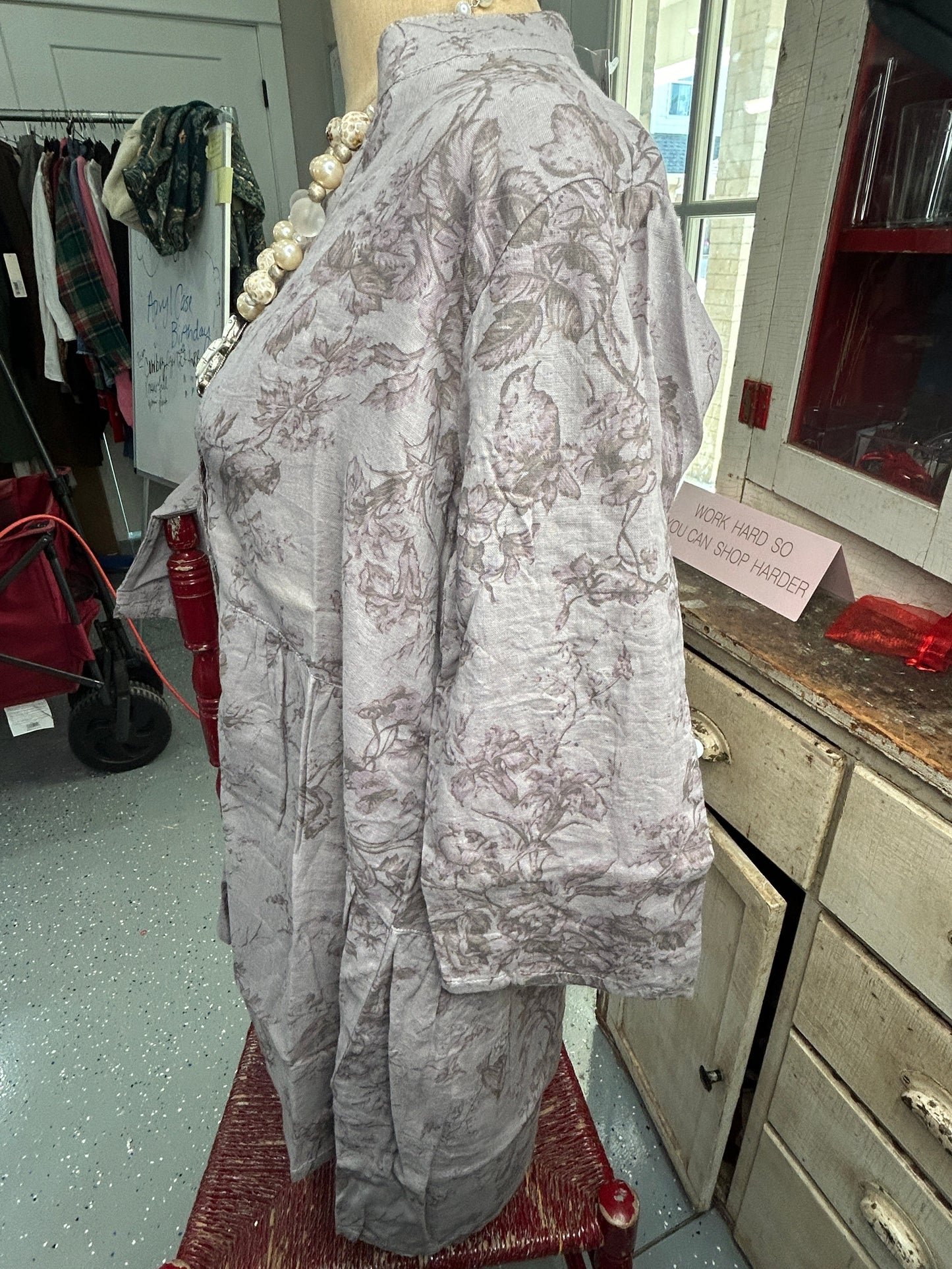 Paper Lace- Floral Button Down Linen Shirt (Grey)