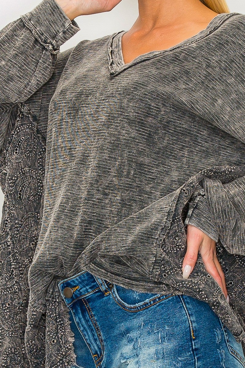 Mineral Wash Boho Paisley Fashion Top (Ash Black)