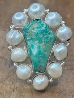 Natural Cut German Silver Pearl and Turquoise Ring B