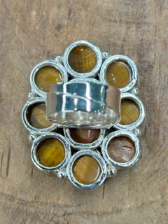 German Silver Small Rectangle Tigers Eye Cluster Ring