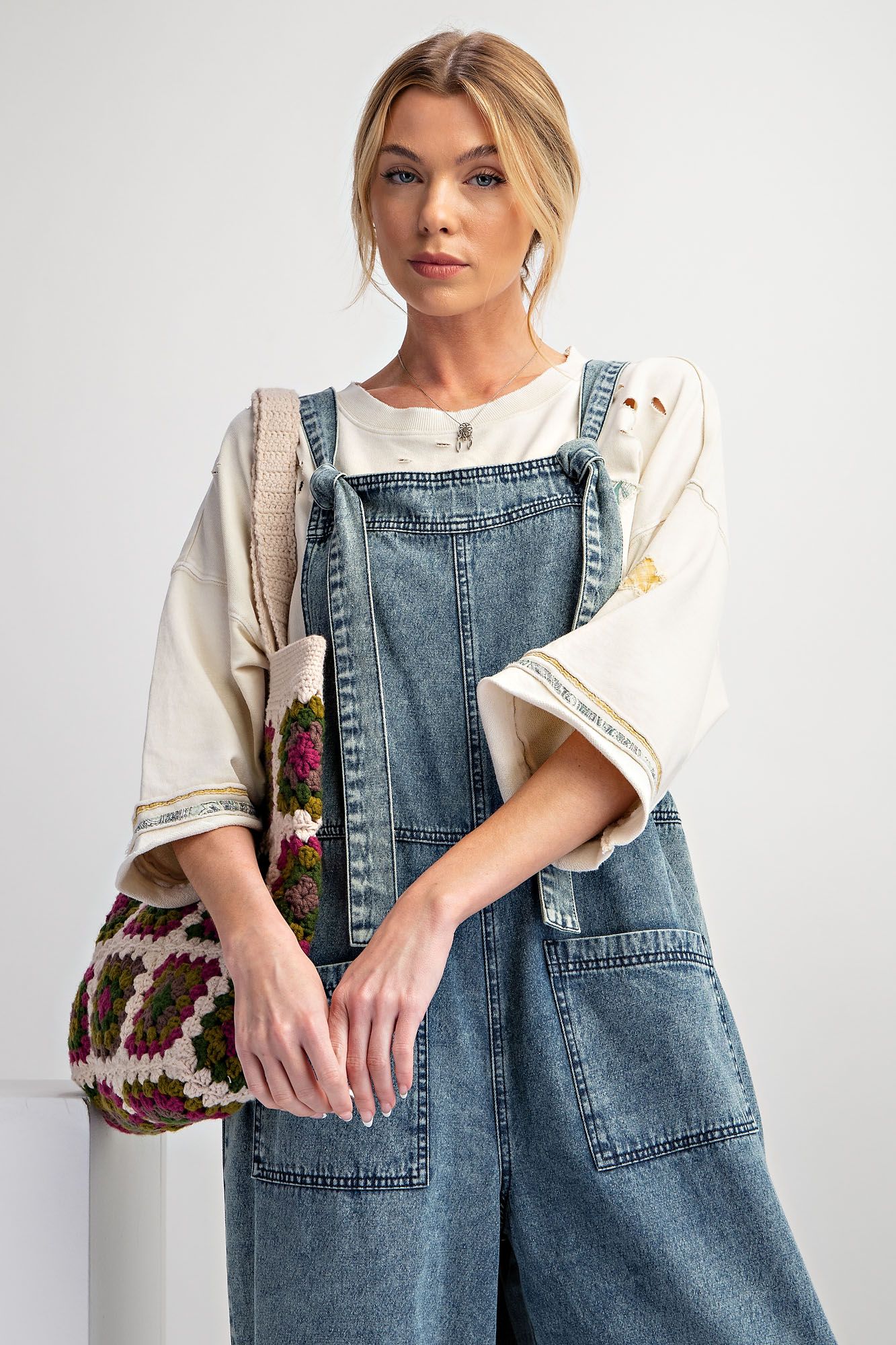 Easel- Stone Wash Wide Leg Overalls (Washed Denim)