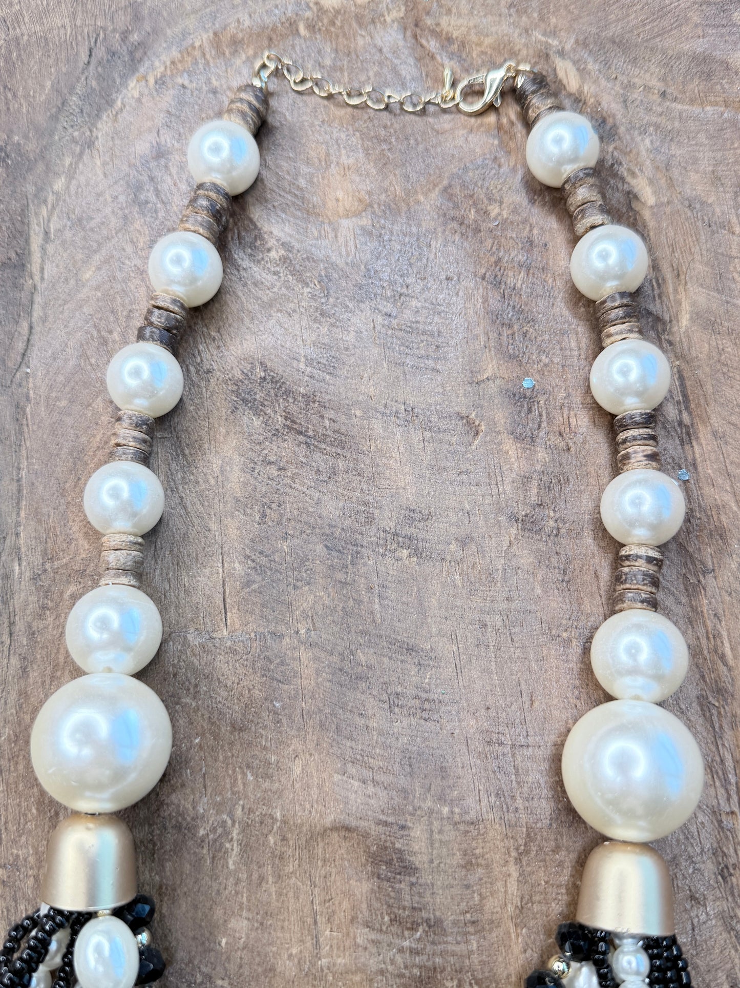 Long Layered Wood and Pearl Necklace