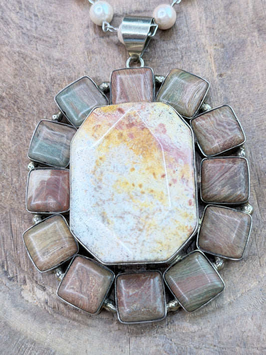 German Silver Jasper and Fossil Agate Necklace
