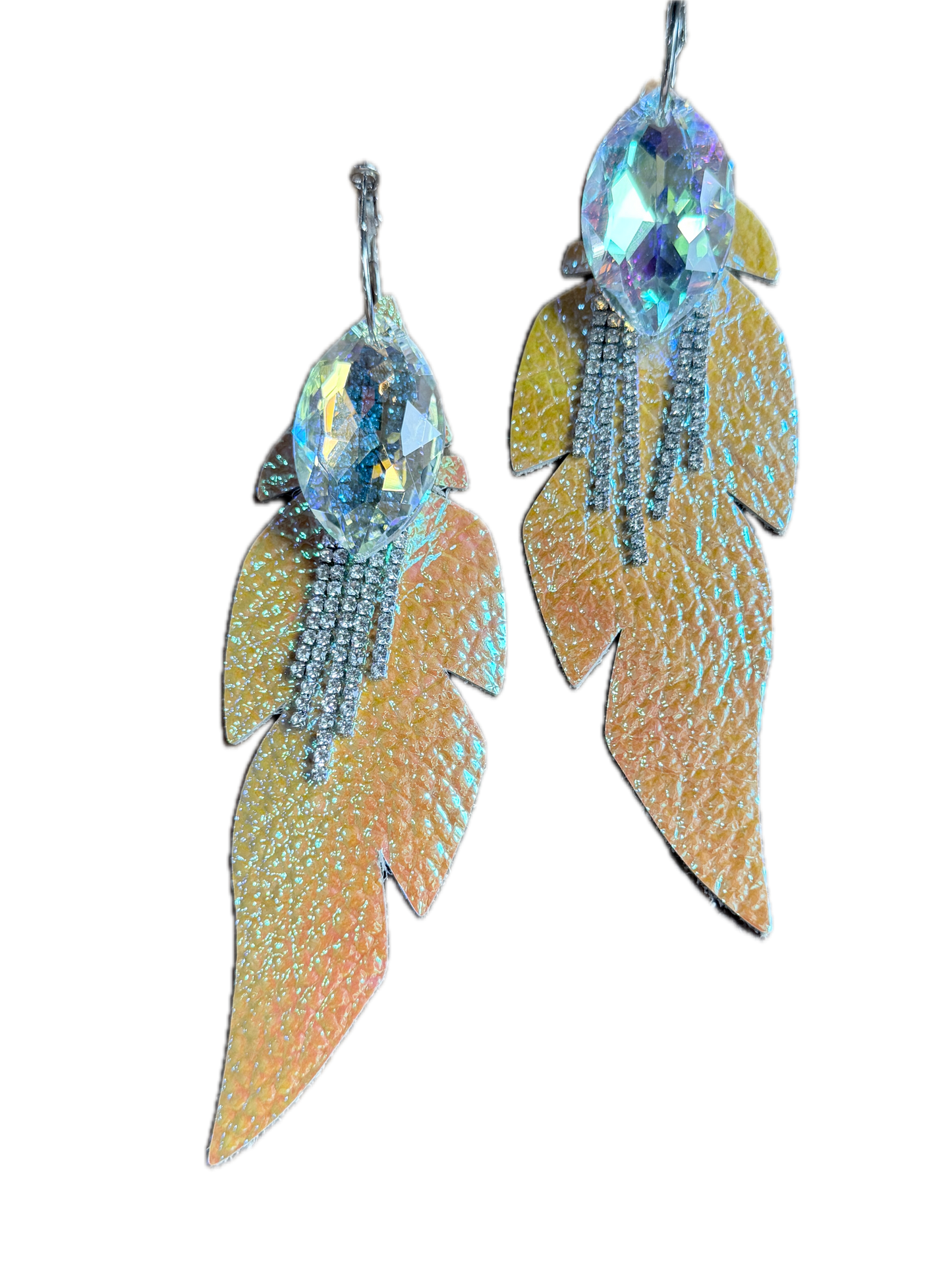 Rhinestone and Leather Feather Earrings (Yellow)