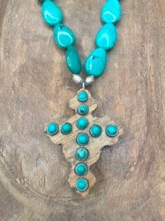 Wooden Turquoise Cross Necklace