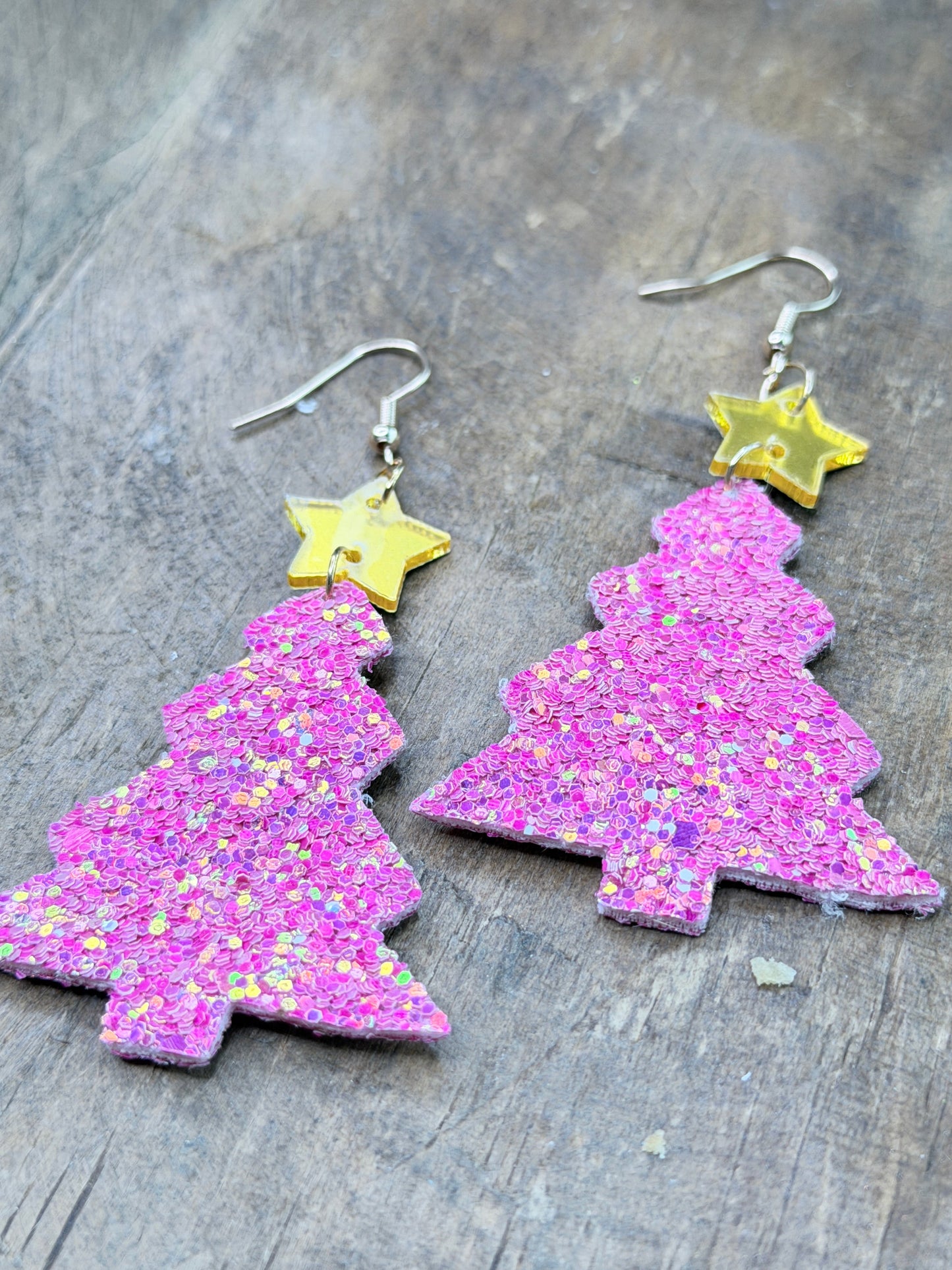 Glitter Christmas Tree Earrings (Pink Rose)