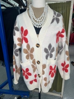 FINAL SALE Cream Sweater Cardigan with Flowers