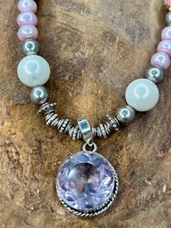Rare Bird- Circular Pink Quartz and Pearls Necklace