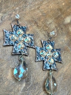 Art by Amy-Rhinestone Brassy Metal Cross Earrings