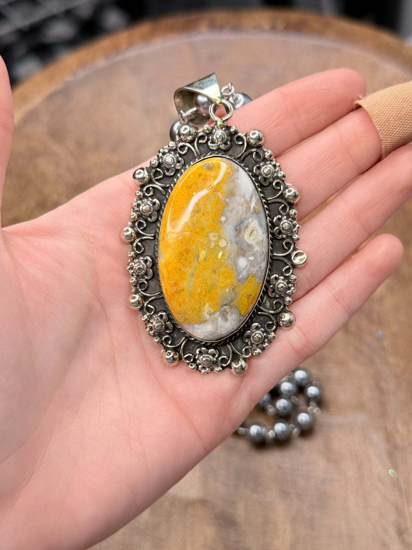 German Silver Bumble Bee Jasper Oval Necklace C