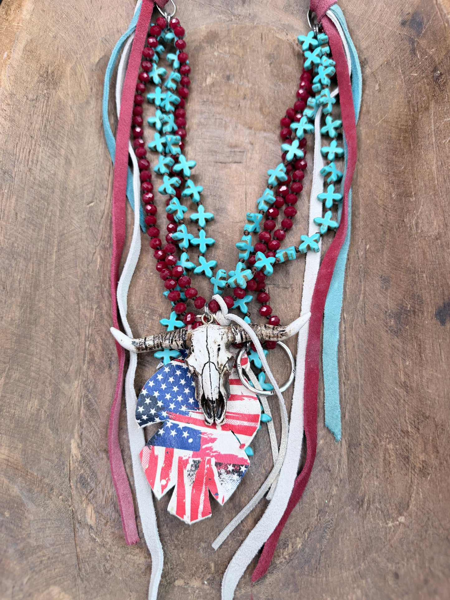 Red, White, and Blue Beaded Skull Necklace