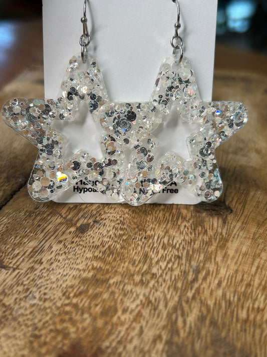 Acrylic Glitter Star Earrings (White)