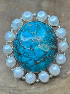 Large German Silver Turquoise and Pearl Ring