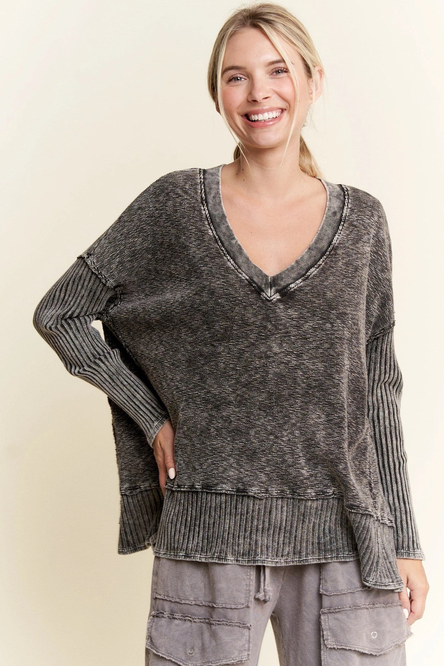 Mineral Wash Deep V-neck Melange Sweater (Ashed Black)