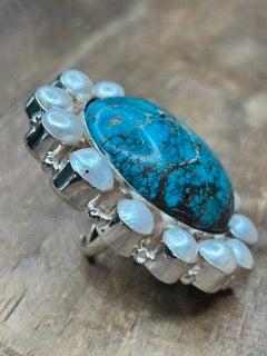Large German Silver Turquoise and Pearl Ring
