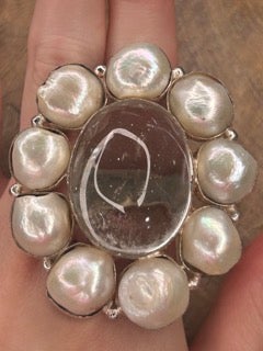 German Silver Clear Quartz and Pearl Ring B