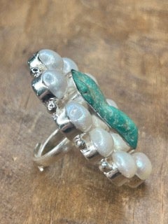 Natural Cut German Silver Pearl and Turquoise Ring B