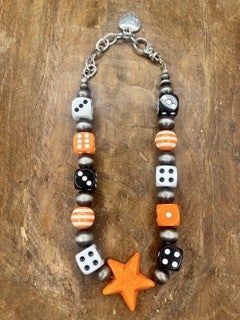 Art By Amy- Stars and Dice Necklace (Orange and Black)