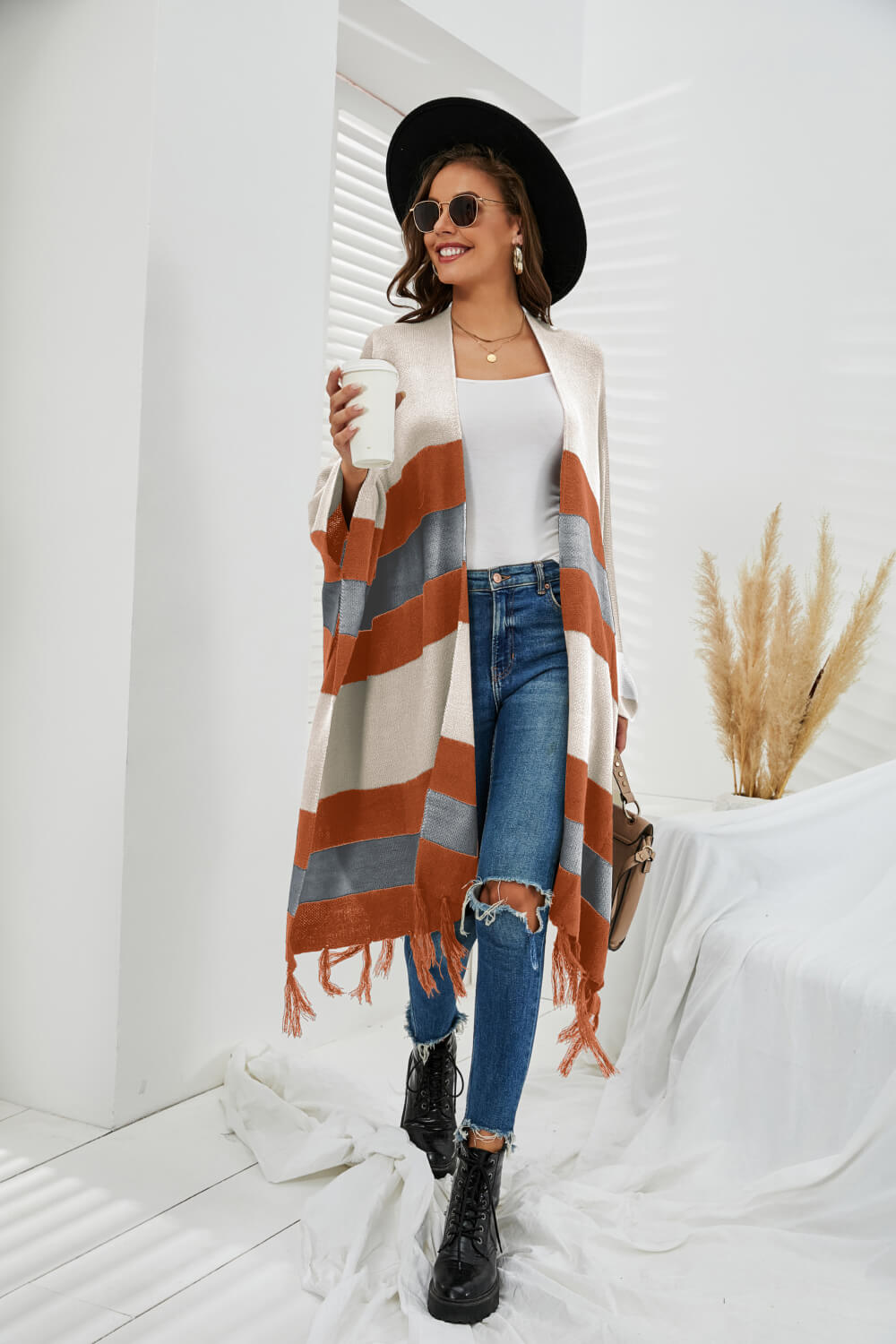 Striped Fringe Hem Open Front Longline Cardigan