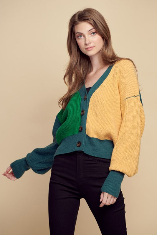 Petal Dew Color Block Ribbed Lantern Sleeve Cardigan