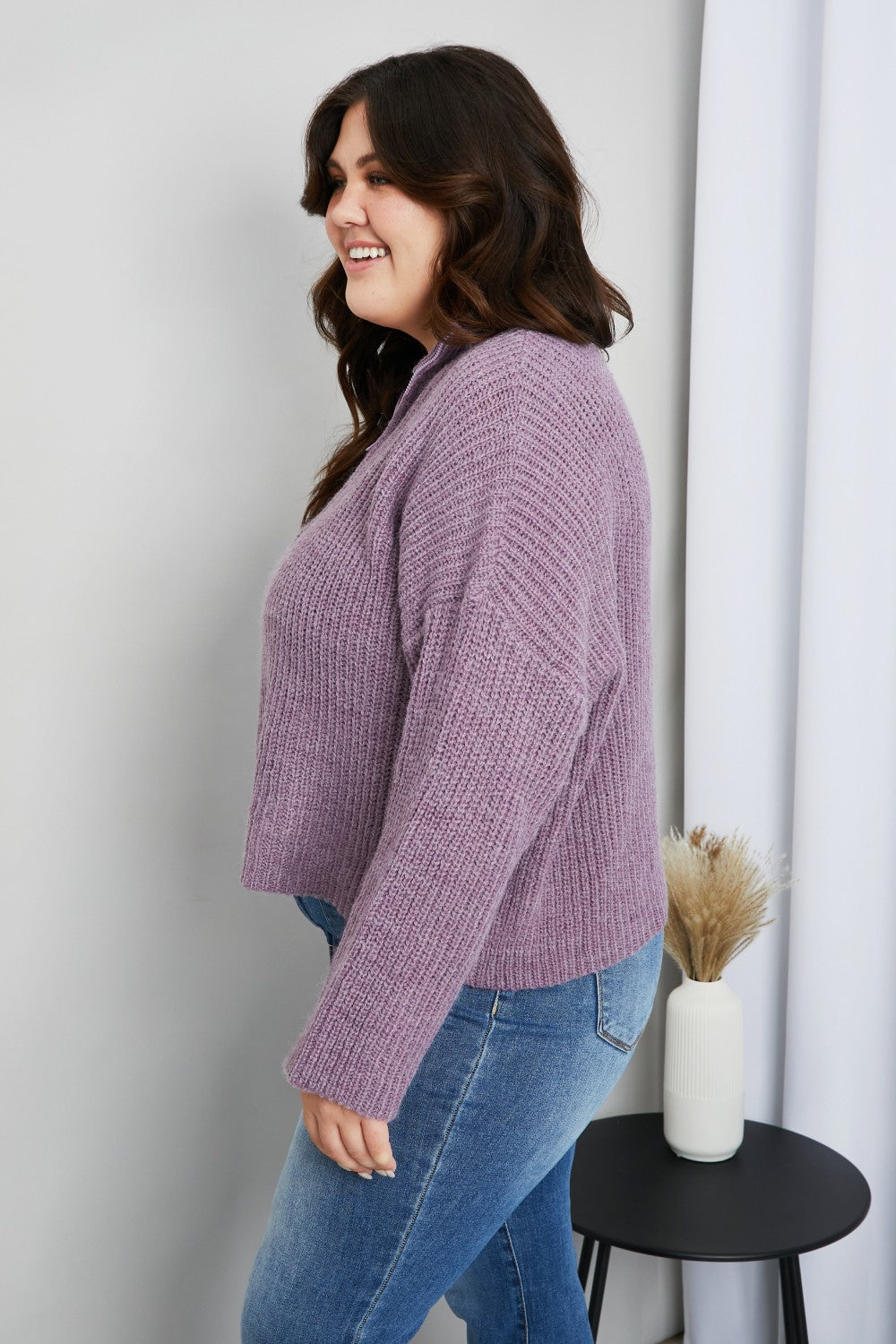 Sew In Love Full Size Quarter-Zip Collared Drop Shoulder Sweater