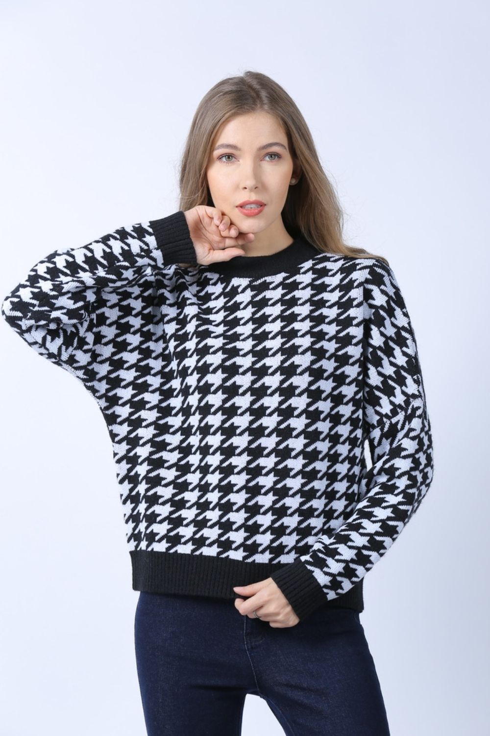 Houndstooth Dropped Shoulder Crewneck Sweater