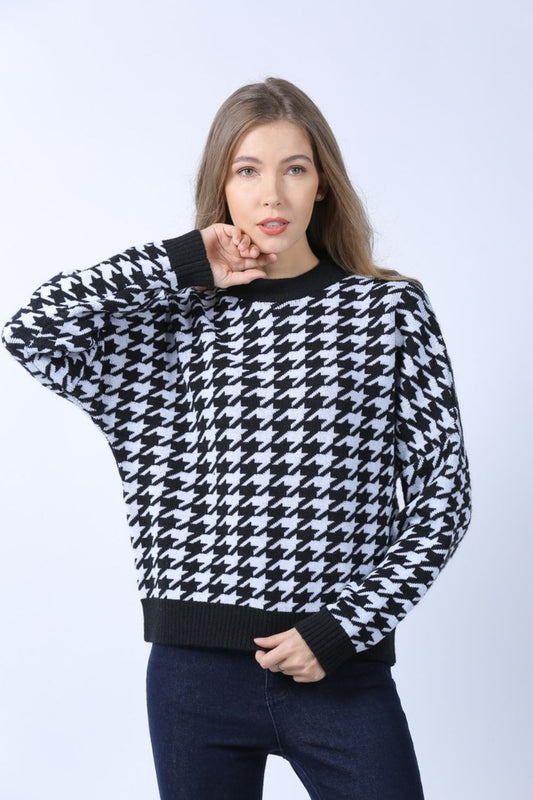 Houndstooth Dropped Shoulder Crewneck Sweater