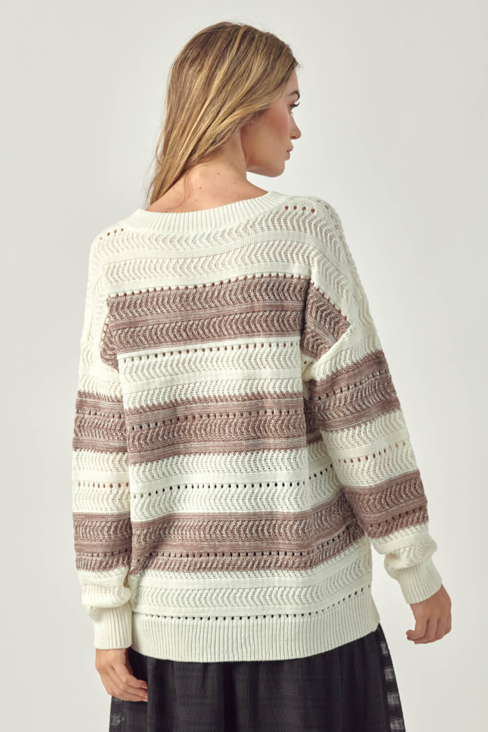 Petal Dew Striped Openwork Drop Shoulder Sweater